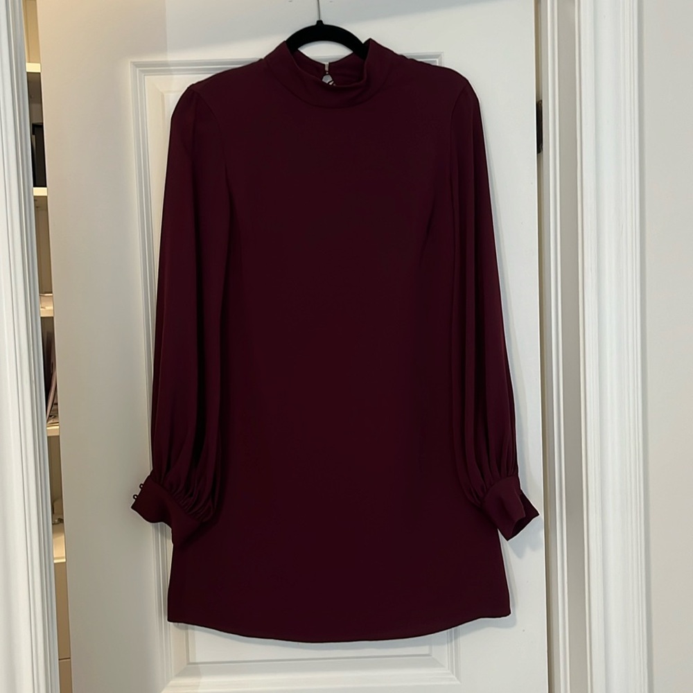 Burgundy mini shift dress with button sleeves